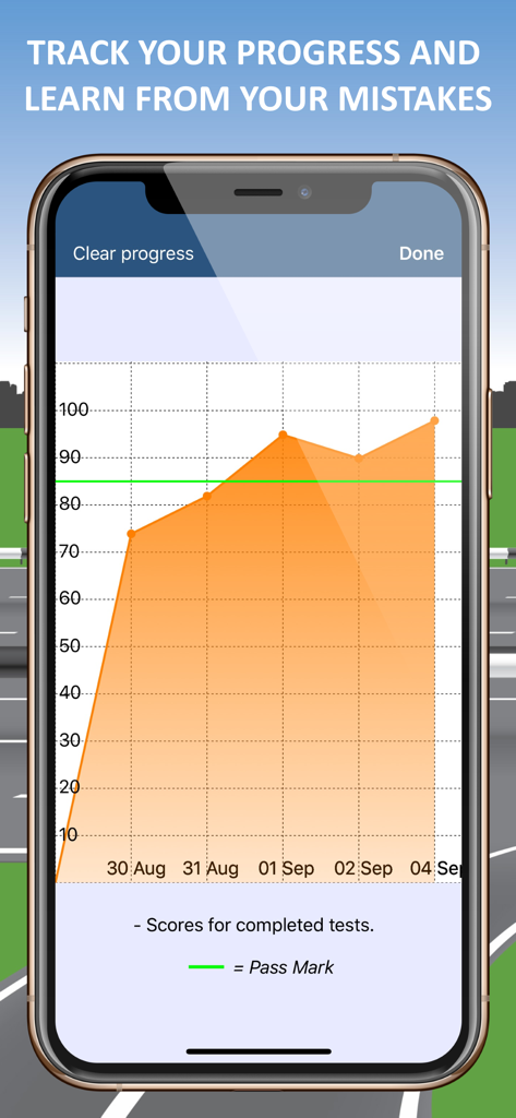 2026 HGV & LGV Theory Test Kit - A progress chart in the HGV and LGV theory test app showing mock test scores over time compared to the required pass mark