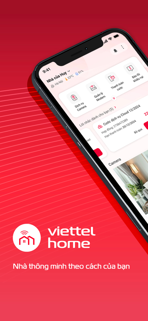 Viettel Home - Viettel Home smart home app dashboard displayed on a smartphone screen over a red background