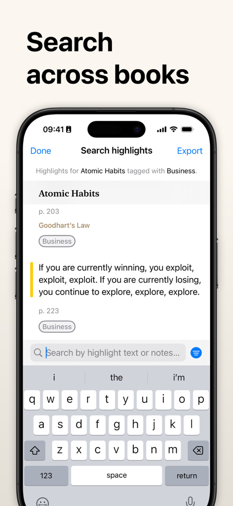 Mobile app screen showing the search highlights feature for the book Atomic Habits