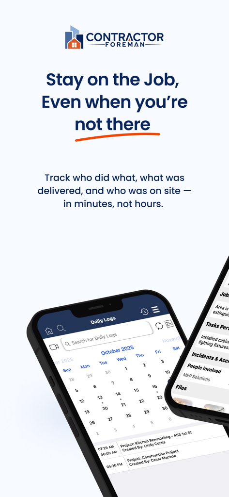 Contractor Foreman mobile app showing daily construction logs and project tracking interface