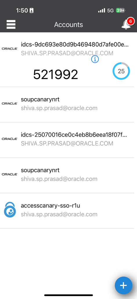 Oracle Mobile Authenticator - Oracle Mobile Authenticator app showing a list of accounts and a 6-digit security code