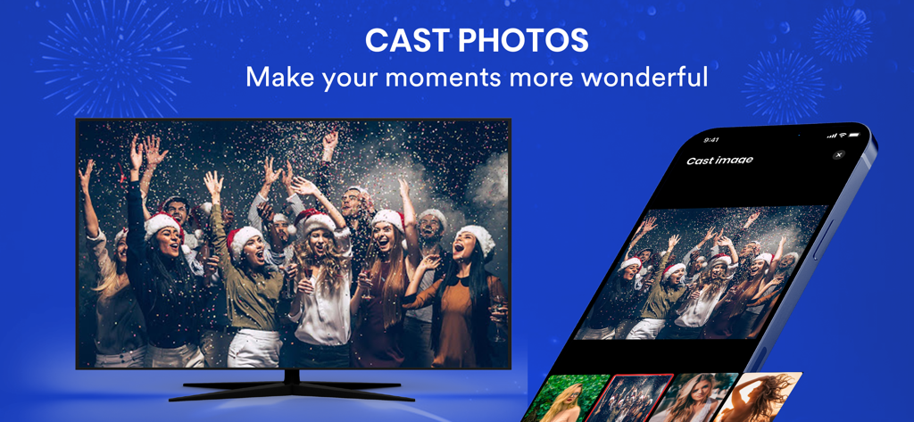 A smartphone using a screen mirroring app to cast a holiday party photo onto a large smart television screen