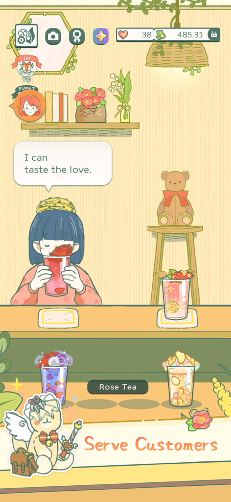 Little Corner Tea House - A customer enjoying a rose tea in the Little Corner Tea House simulation game