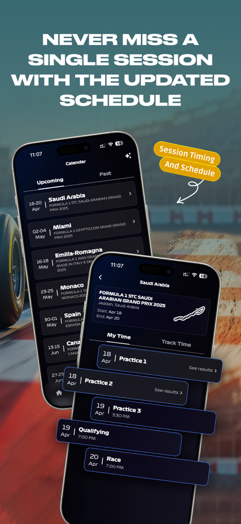 Formula Live Pulse - Formula Live Pulse app showing F1 race calendar and session timings