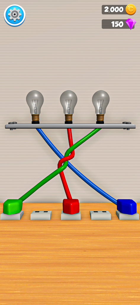 Untie Tangled Wires Puzzle - Tangled colored wires and lightbulbs in a mobile puzzle game level