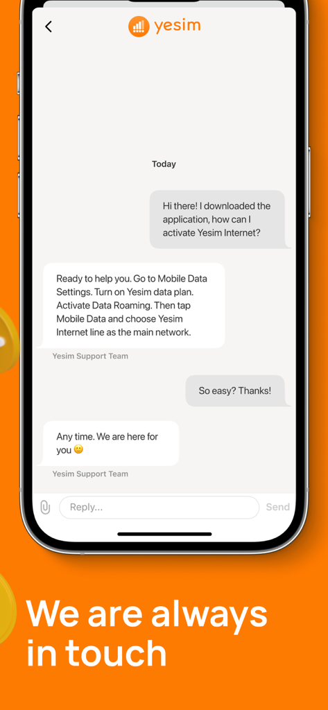 Screenshot of the Yesim app customer support chat interface showing eSIM activation help.