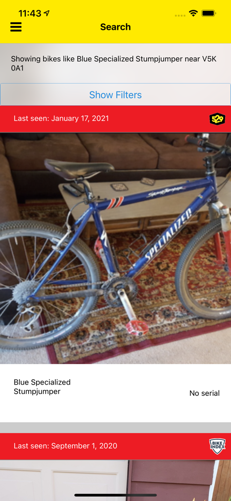 529 Garage - Search results for a missing blue Specialized bike in the 529 Garage app