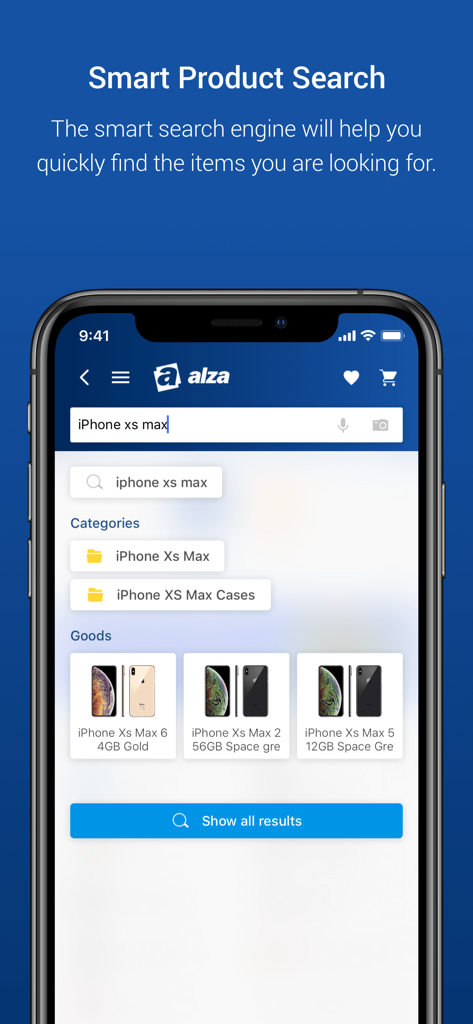 Recurso de pesquisa inteligente de produtos no aplicativo Alza mostrando resultados de iPhone