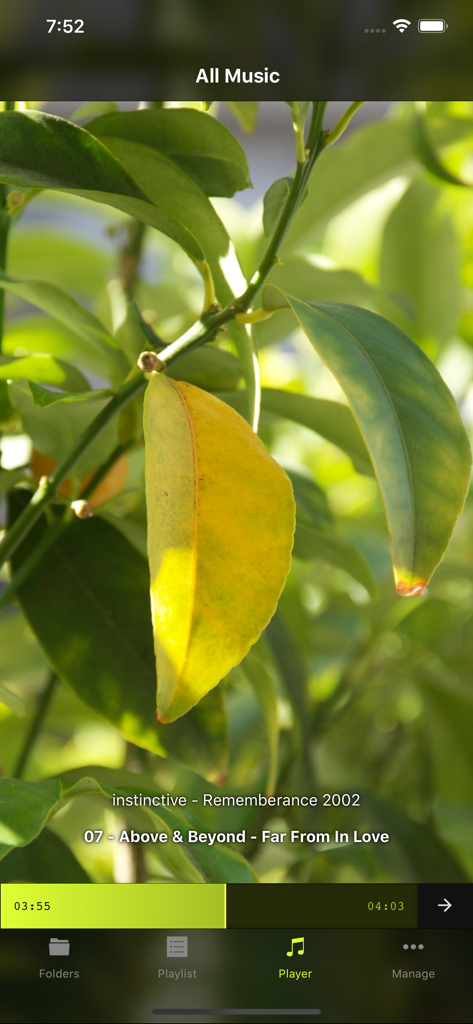 MusicFolder 2 player screen showing song title and custom photo background