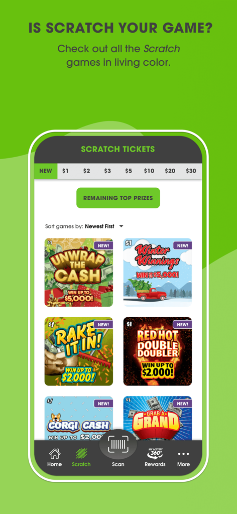 Washington's Lottery app screen showcasing available scratch-off tickets and game categories.