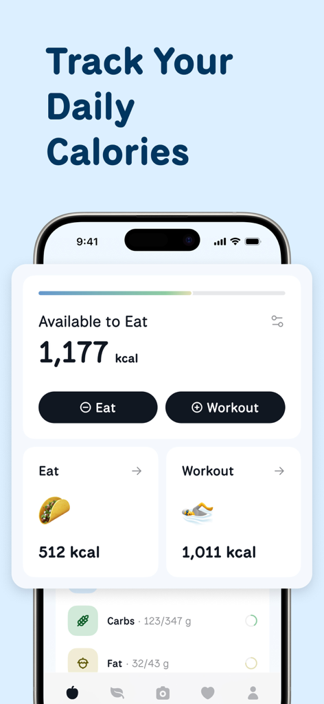 WellMe 앱 인터페이스에서 일일 칼로리 추적 및 운동 기록 표시
