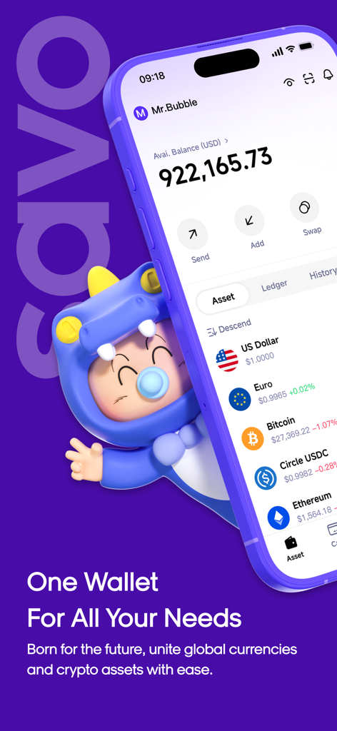 El panel de la aplicación SAVO mostrando un saldo de activos multidivisa incluyendo USD, Euro y Bitcoin