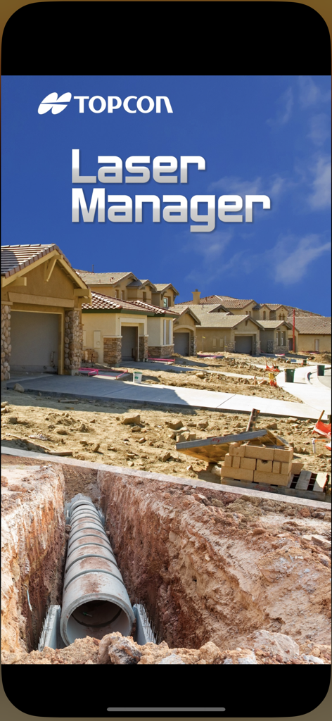 Tela inicial do aplicativo Topcon Laser Manager com canteiros de obras e uma vala de tubulação