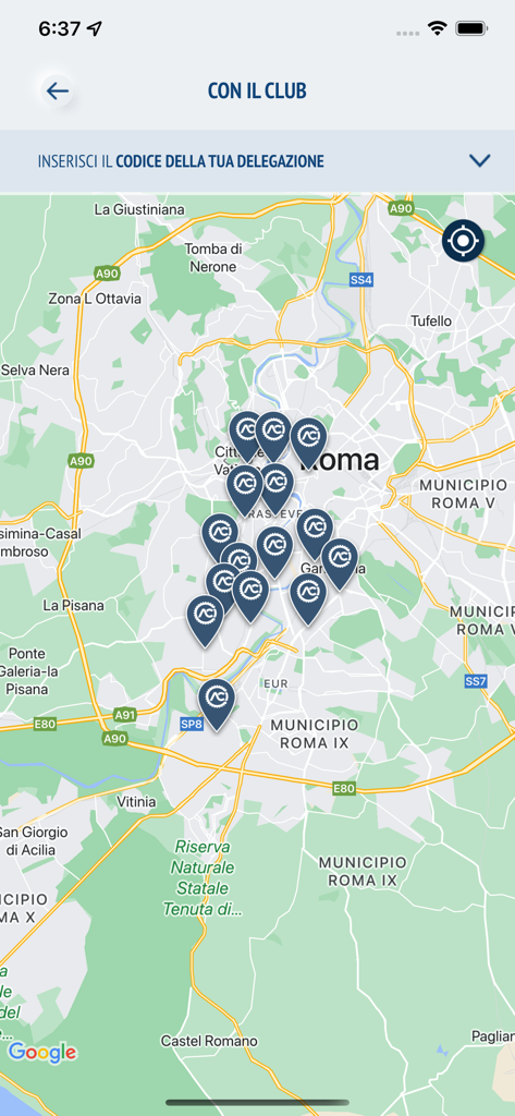 ACI Space - Map view showing ACI service locations in Rome on the ACI Space app