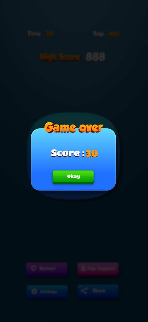 Game over screen in Speed Tapping Game showing a score of 30 and a high score of 888