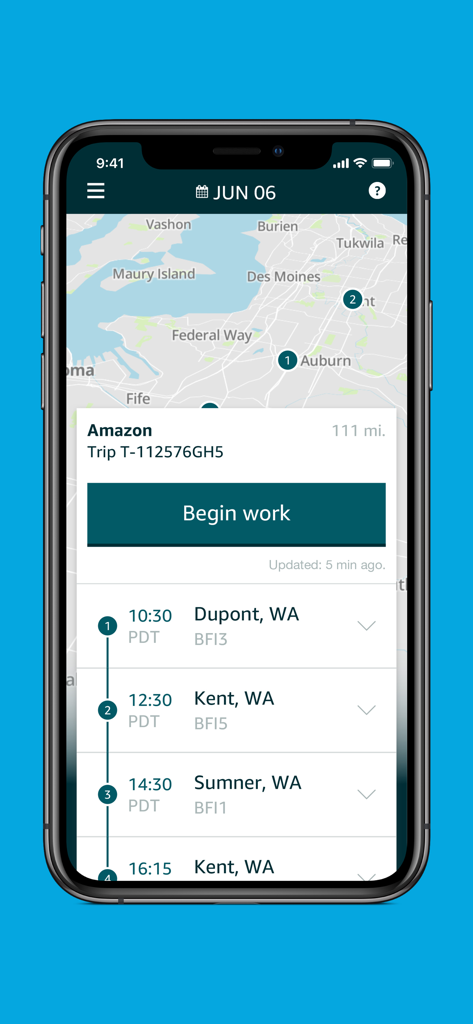 Amazon Relay - Amazon Relay mobile app interface showing a truck driver trip itinerary with scheduled stops and map