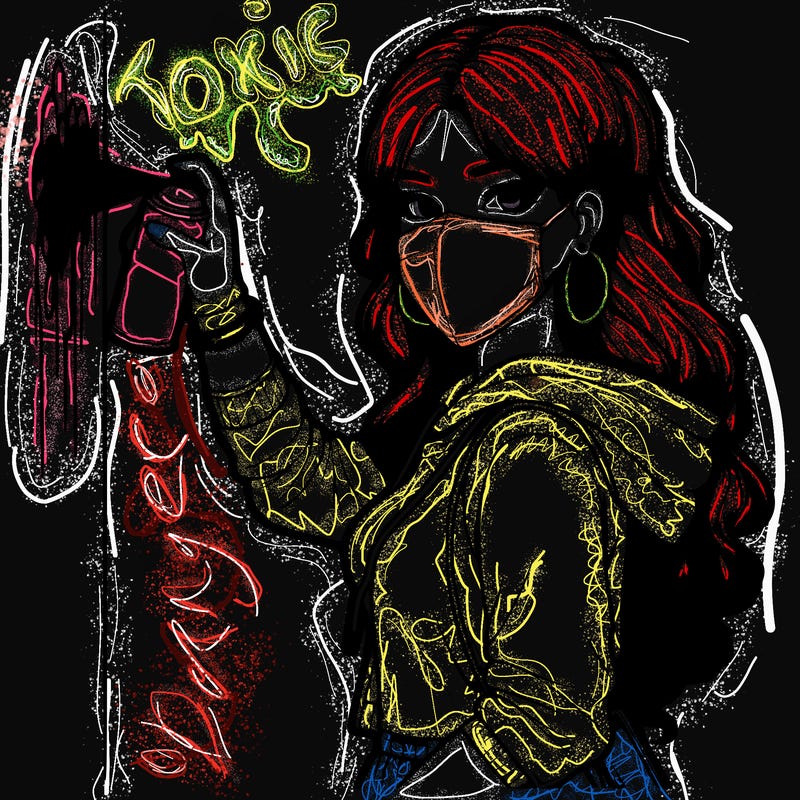 realistic girl with mask spray painting a wall