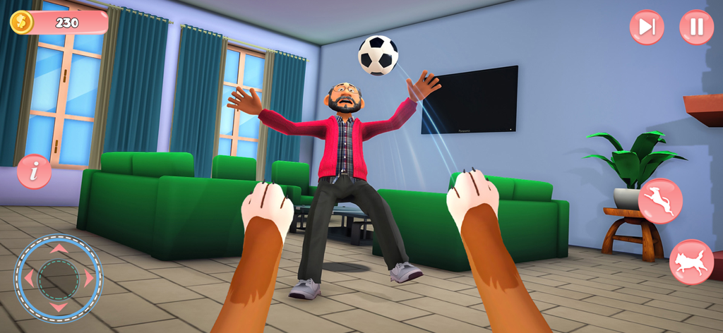 Vista en primera persona de un cachorro virtual jugando fútbol con un hombre en una sala de estar