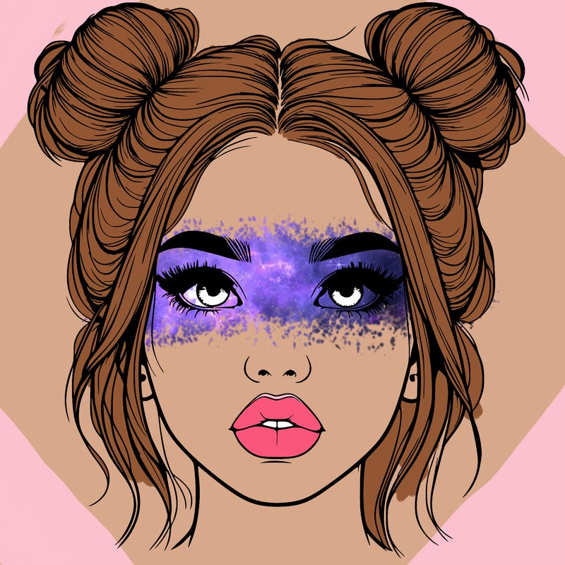 realistic girl with two buns on her hair and lips