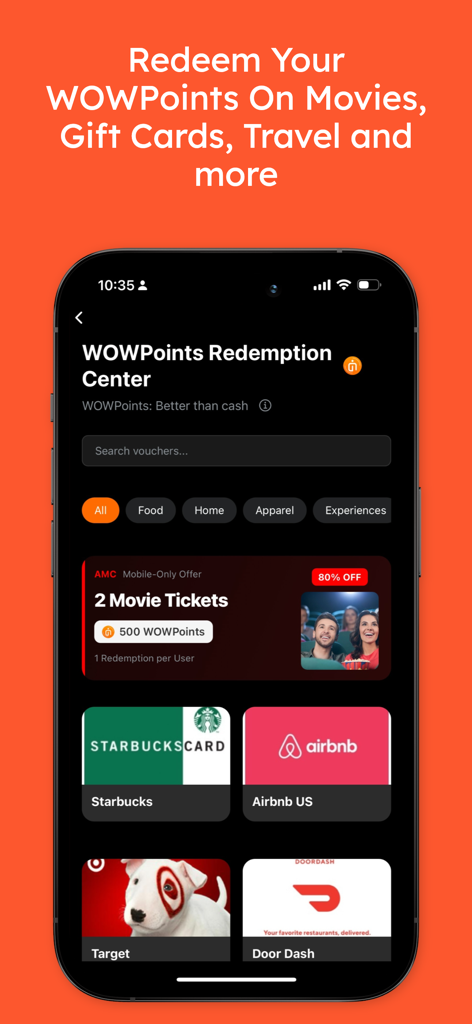 Perks at Work - Perks at Work app interface showing the WOWPoints Redemption Center with offers for AMC movie tickets and gift cards from Starbucks, Airbnb, Target, and DoorDash.