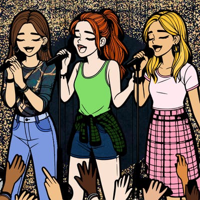 2 realistic teenage girls singing on stage