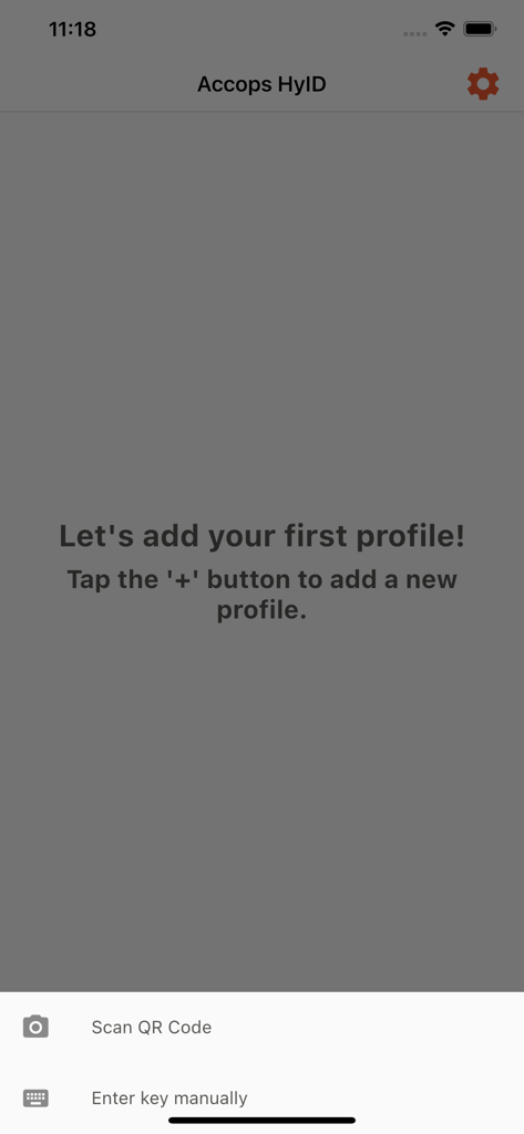 Accops HyID - Accops HyID app screen for adding a new security profile with options to scan a QR code or enter a key manually.
