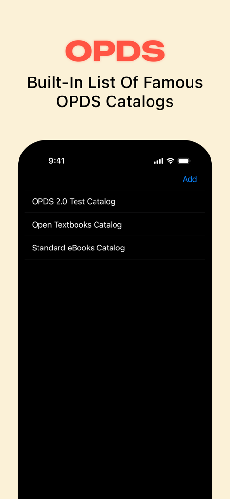 Comick: Comic & eBook Reader - Una schermata dall'app Comick che mostra un elenco di cataloghi OPDS integrati per il download di eBook e fumetti