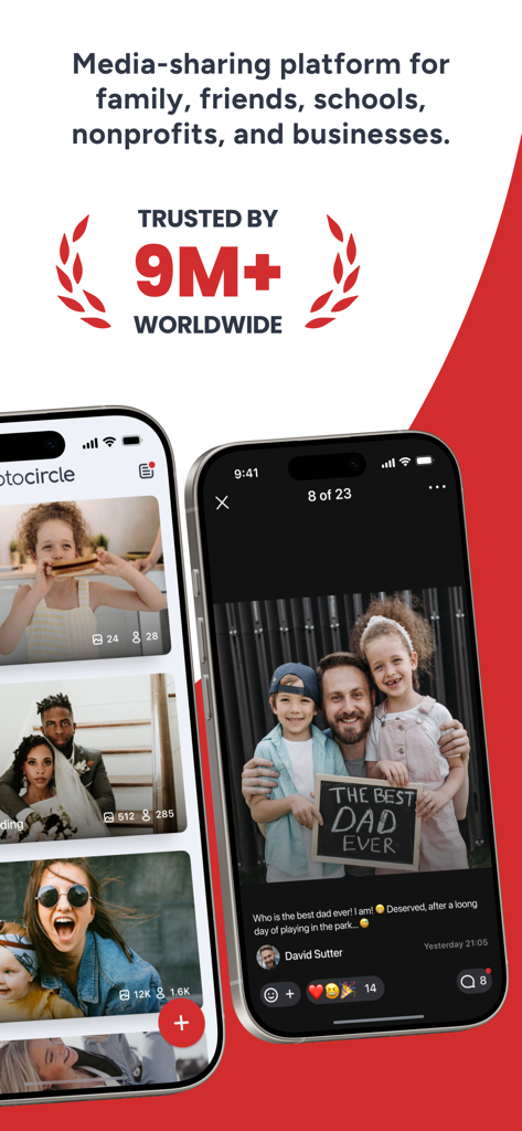PhotoCircle app interface showing private family photo sharing albums and a 9 million user trust badge