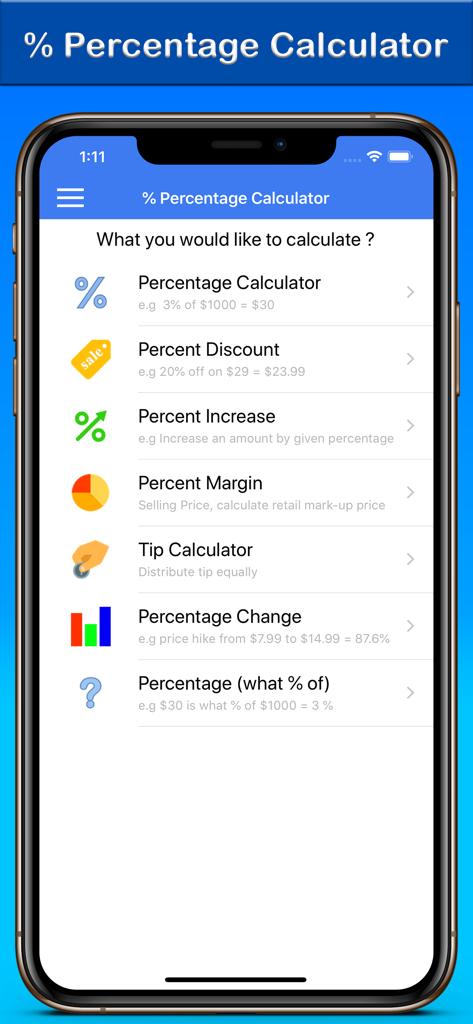 % Percentage Calculator - Main menu of the Percentage Calculator app showing various calculation options like discount and tip calculators