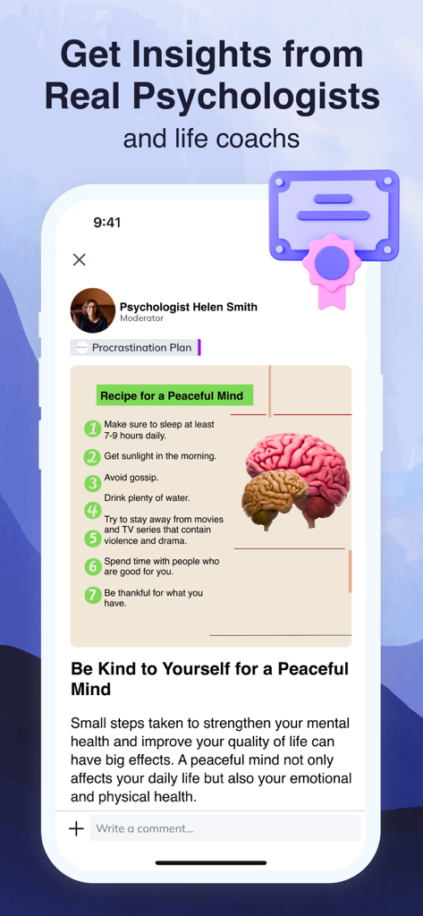 Mindguru Life - Interfaz de la aplicación Mindguru Life que muestra consejos de expertos de un psicólogo para el bienestar mental.