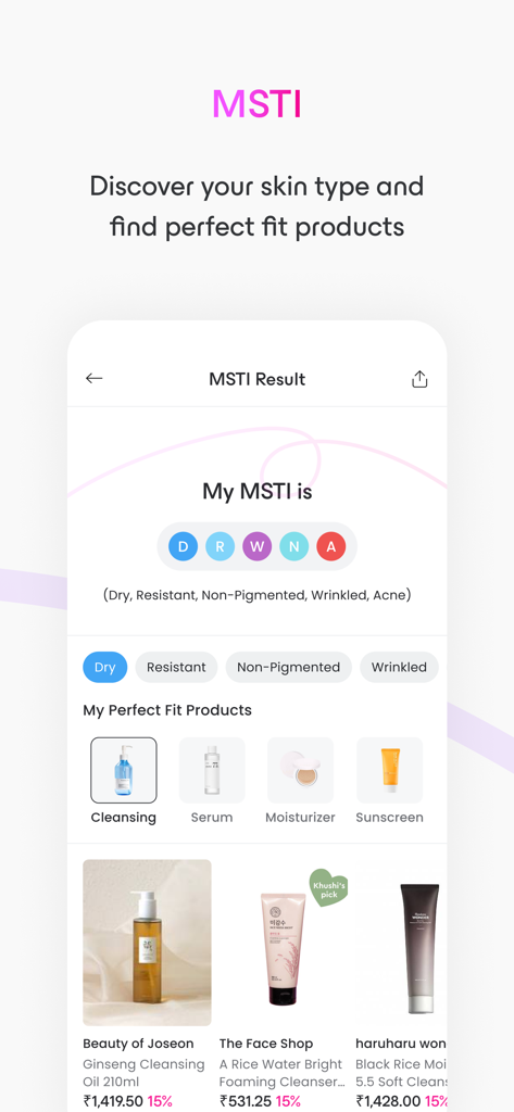 Maccaron skincare shopping - Aplicativo Maccaron mostrando resultados de análise de tipo de pele MSTI e recomendações personalizadas de produtos K-beauty