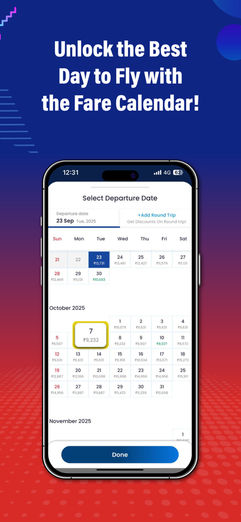 AkbarTravels: Flights & Hotels - Calendario de tarifas de vuelos de la aplicación Akbar Travels que muestra los precios diarios de los billetes para encontrar las fechas de viaje más baratas
