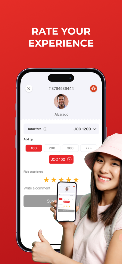 GOJO - Rides, Taxi & More - Un viajero sonriente dando el visto bueno junto a la interfaz de calificación y propinas de viaje de la aplicación GOJO