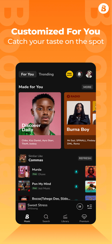 A screenshot of the Boomplay Lite app showing personalized music recommendations and curated playlists.