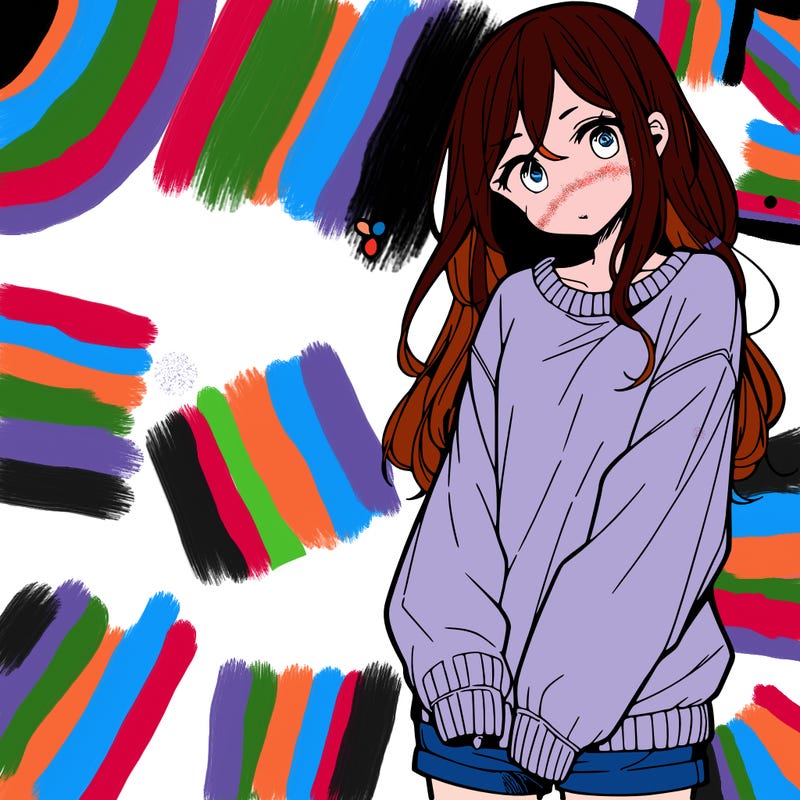 manga teen girl  in a sweater and baggy pants