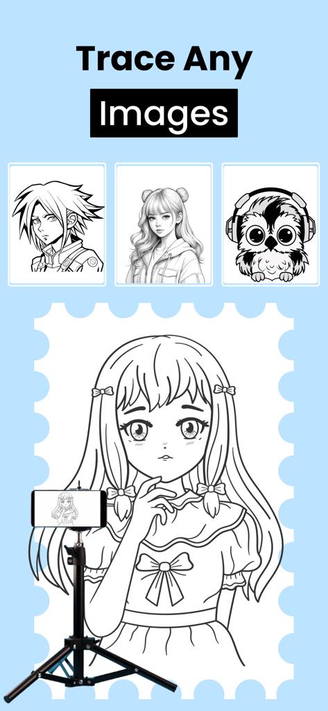 AR Drawing Sketch Paint; Trace - Un smartphone en un trípode usando AR para trazar el dibujo de una chica anime sobre papel.