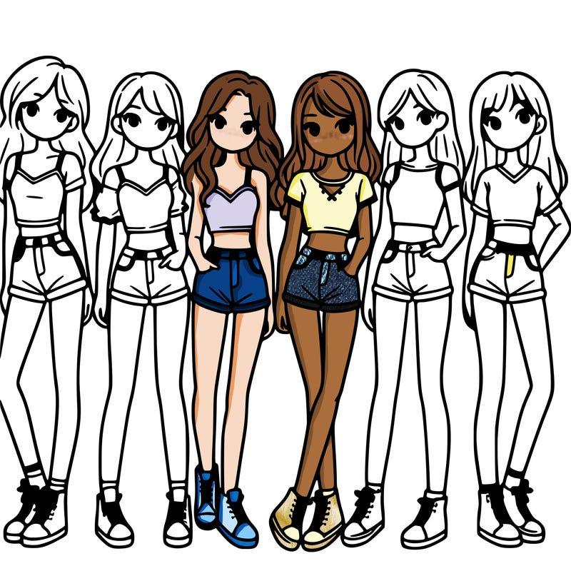 a group of girls wearing crop tops and shorts