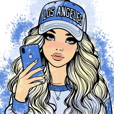 realistic beautiful girl wearing los ángeles cap holding an iphone