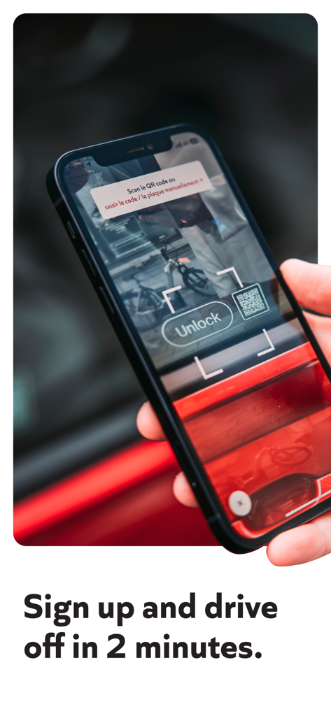 Person using the Poppy app on a smartphone to scan a QR code and unlock a shared car