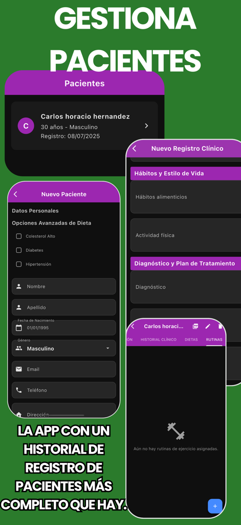 NutriasApp - Pantallas móviles de NutriasApp que muestran funciones de gestión de pacientes y formularios de registro clínico para profesionales de la nutrición