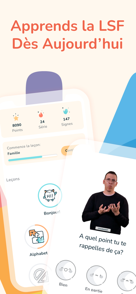 Mobile dashboard of the Pause LSF app showing French Sign Language lessons, user progress points, and lesson streaks.