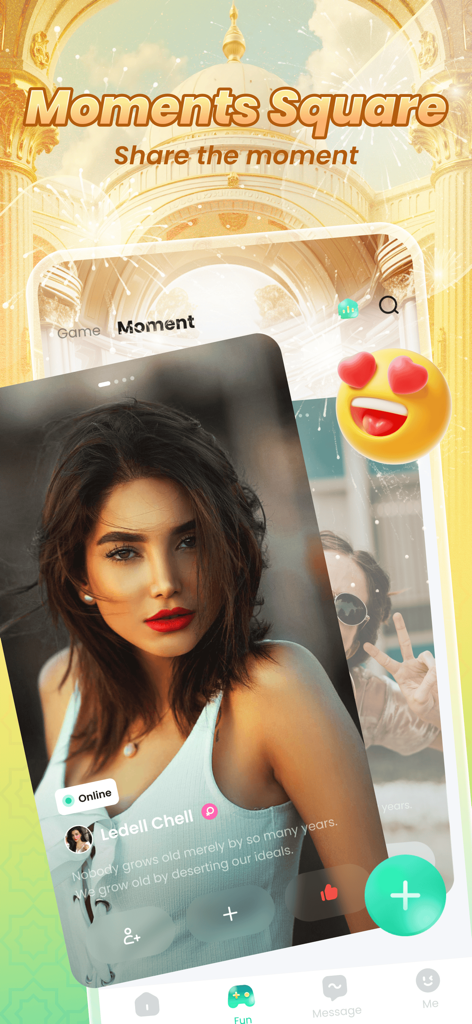 HoKi-Linking Happiness - Écran Carré Moments de l'application HoKi montrant le profil d'un utilisateur et l'option de partager des moments sociaux.