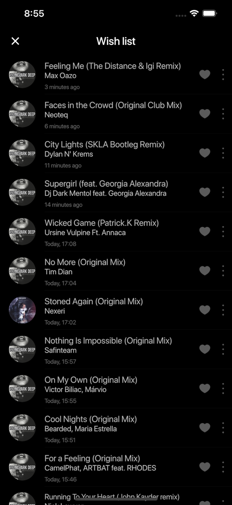 SOUNDPARK #DEEP - A list of saved deep house tracks on the Soundpark Deep app wish list screen with heart icons and track details.