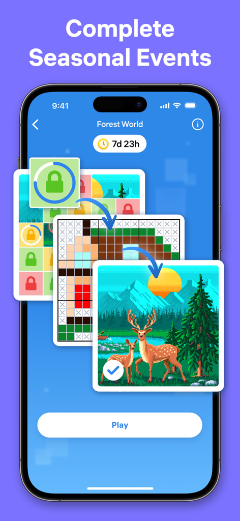 Pantalla de la aplicación Nonogram Color que presenta un evento de bosque de temporada con un puzle de ciervo completado