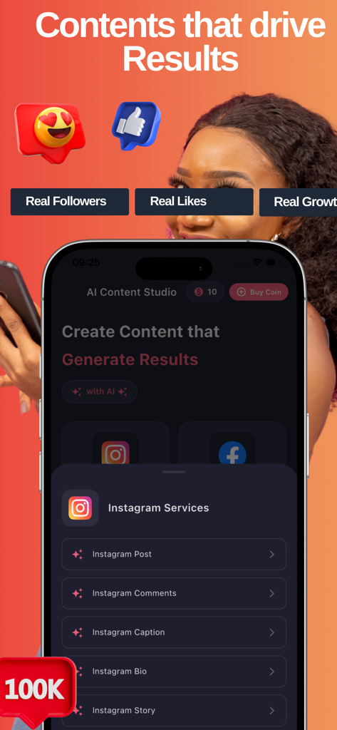 Real Followers and Likes - Oberfläche der App Echte Follower und Likes, die Instagram-Wachstumstools und das KI-Content-Studio zeigt