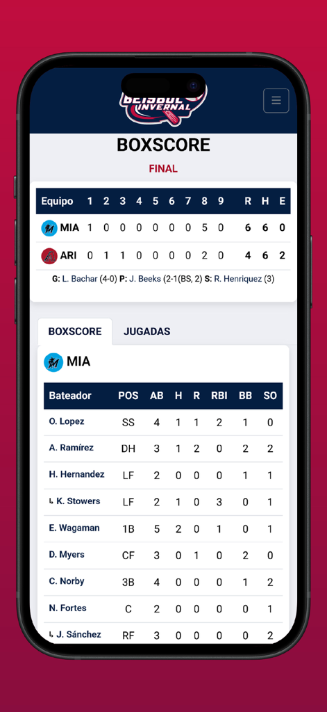 Beisbol Invernal - Beisbol Invernal app screen showing a detailed baseball game boxscore and player statistics.