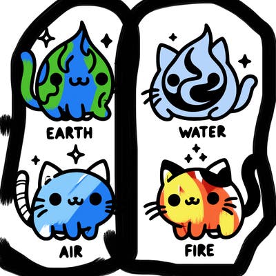 4 cats that represent the different elements, earth, water, air, and fire