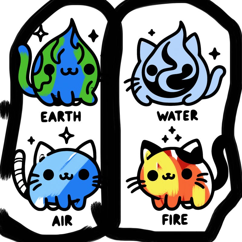 4 cats that represent the different elements, earth, water, air, and fire
