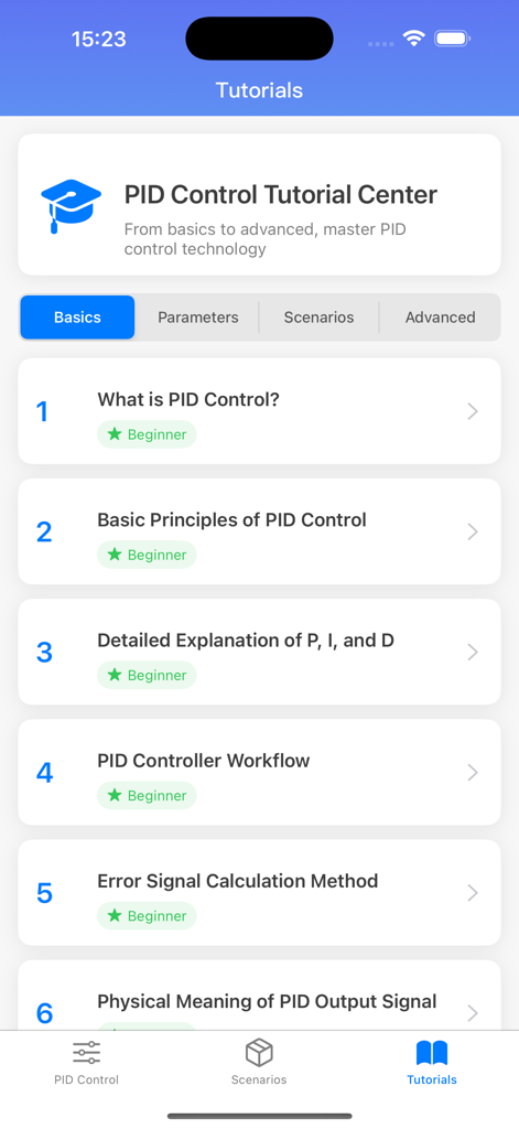 PID Controller Simulation - A mobile app screen titled PID Control Tutorial Center showing a list of basic tutorials for beginner engineering students