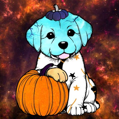 a realistic puppywith a pumpkin on his head